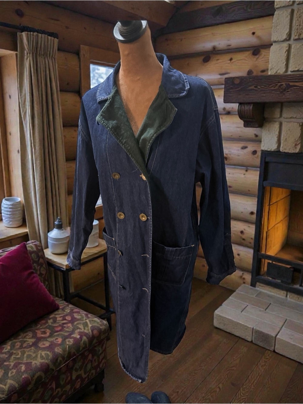 Calvin Klein Dark Blue Denim Coat with Olive Green Collar Some Buttons replaced